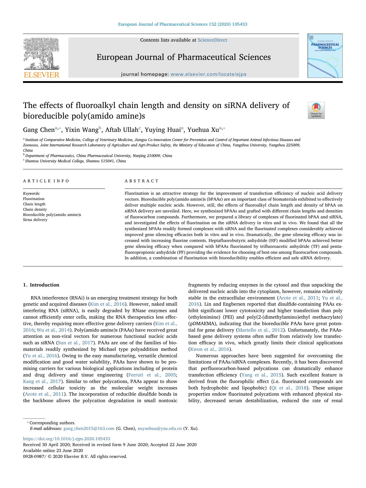 The effects of fluoroalkyl chain length and density on siRNA delivery of bioreducible poly(amido amine)s by Gang Chen & Yixin Wang & Aftab Ullah & Yuying Huai & Yuehua Xu