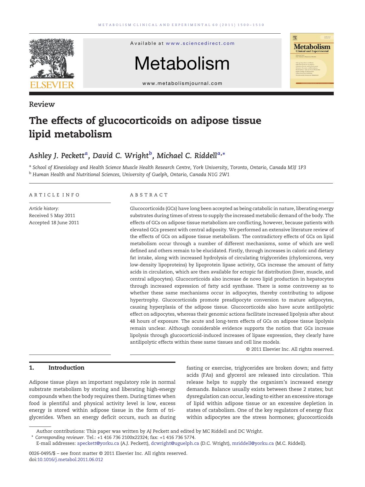 The effects of glucocorticoids on adipose tissue lipid metabolism by Ashley J. Peckett & David C. Wright & Michael C. Riddell
