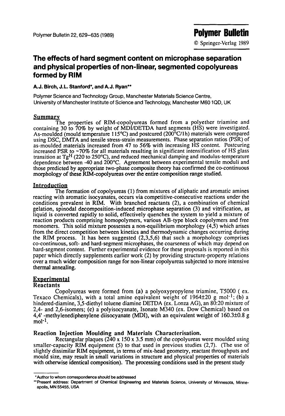 The effects of hard segment content on microphase separation and physical properties of non-linear, segmented copolyureas formed by RIM by Unknown