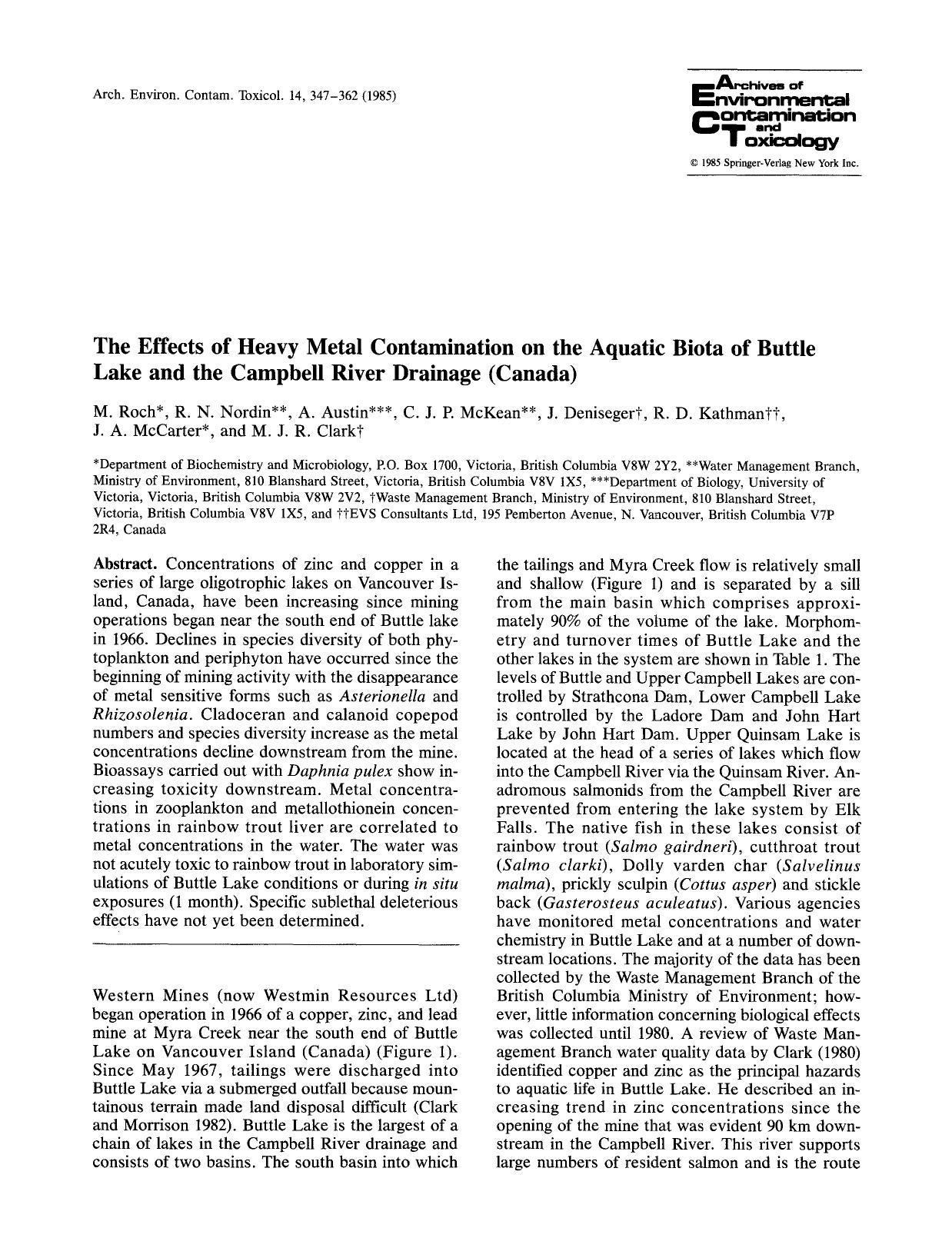 The effects of heavy metal contamination on the aquatic biota of Buttle lake and the Campbell river drainage (Canada) by Unknown