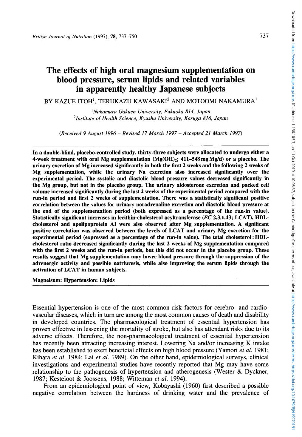 The effects of high oral magnesium supplementation on blood pressure, serum lipids and related variables in apparently healthy Japanese subjects by Kazue Itoh Terukazu Kawasaki & Motoomi Nakamura