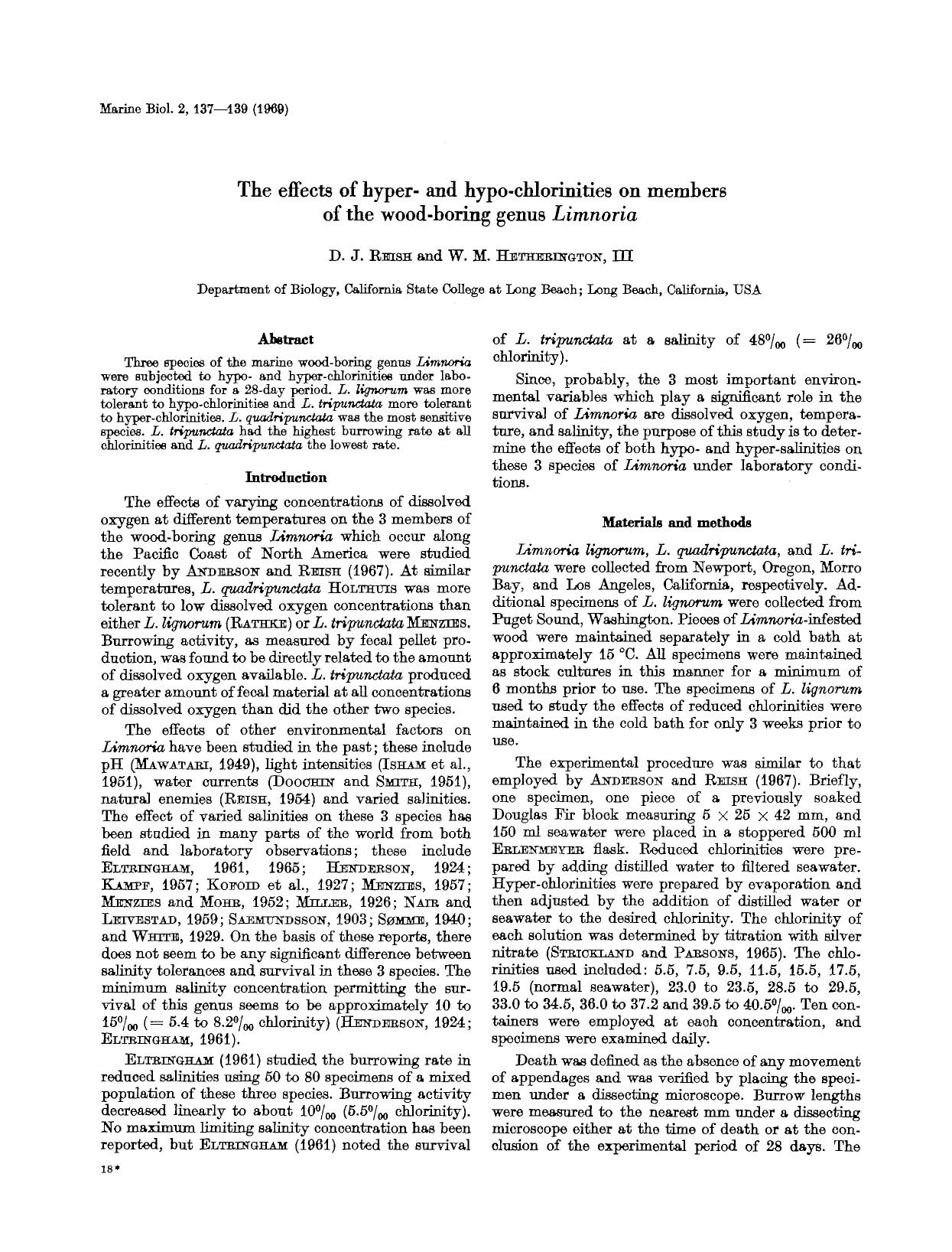 The effects of hyper-and hypo-chlorinities on members of the wood-boring genus <Emphasis Type="Italic">Limnoria<Emphasis> by Unknown