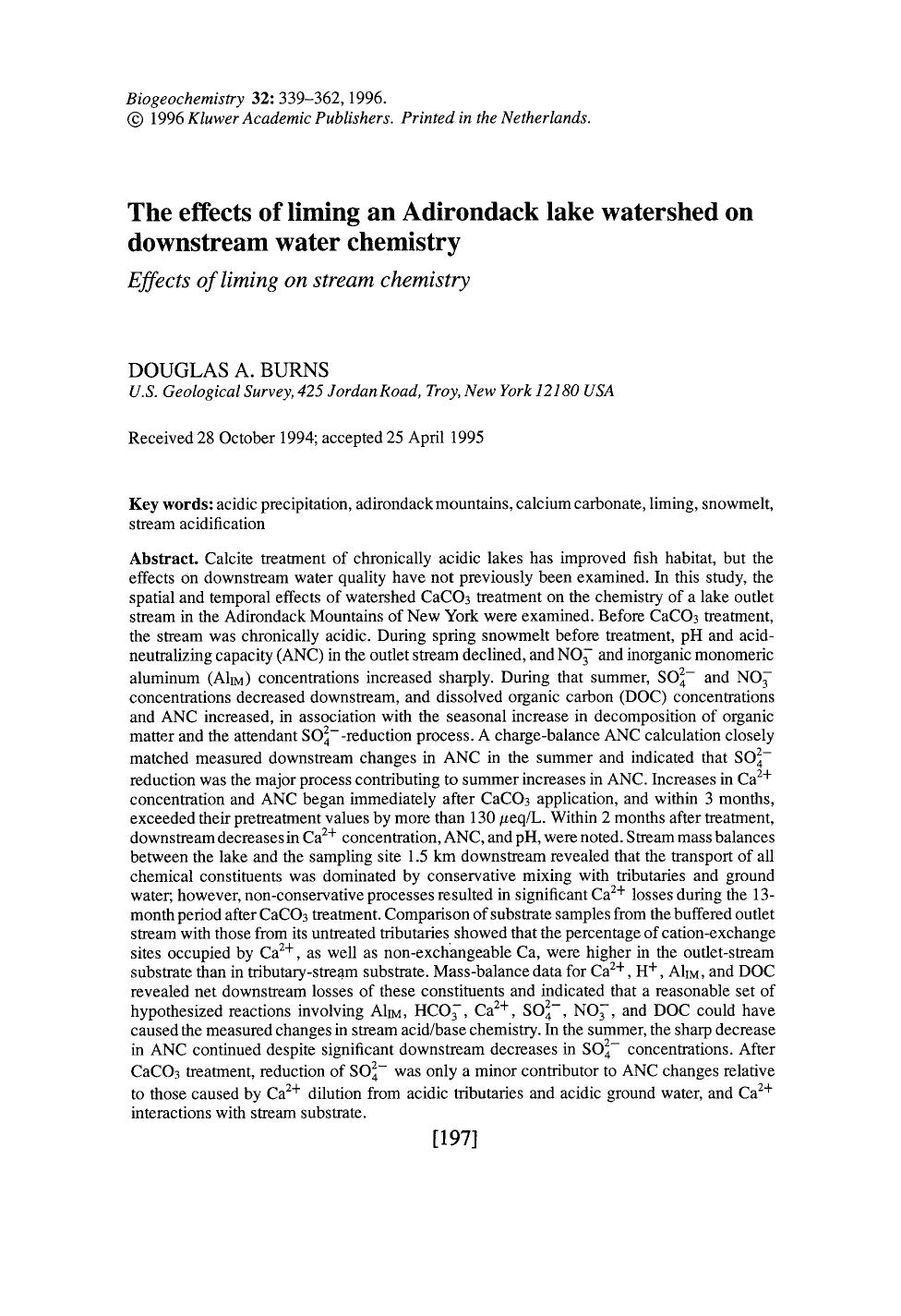 The effects of liming an Adirondack lake watershed on downstream water chemistry by Unknown