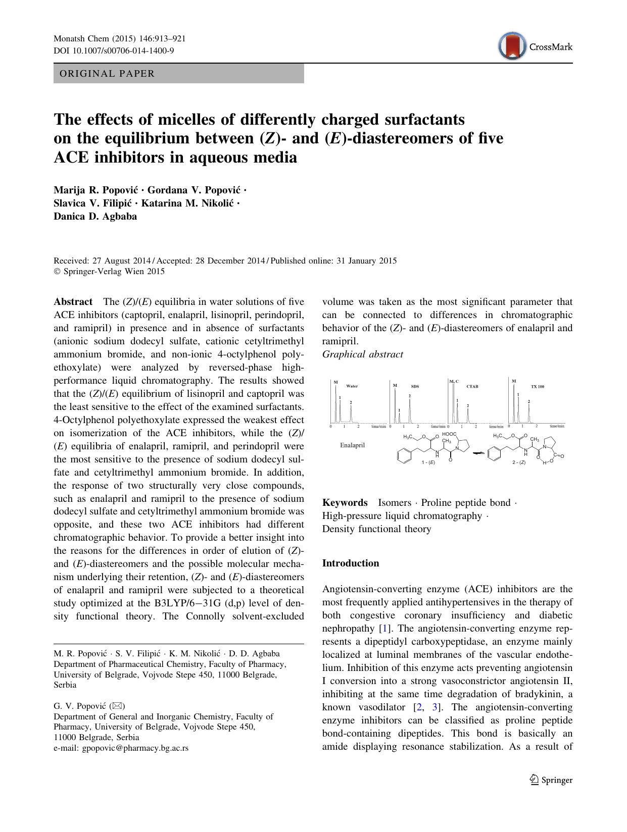 The effects of micelles of differently charged surfactants on the equilibrium between (Z)- and (E)-diastereomers of five ACE inhibitors in aqueous media by unknow