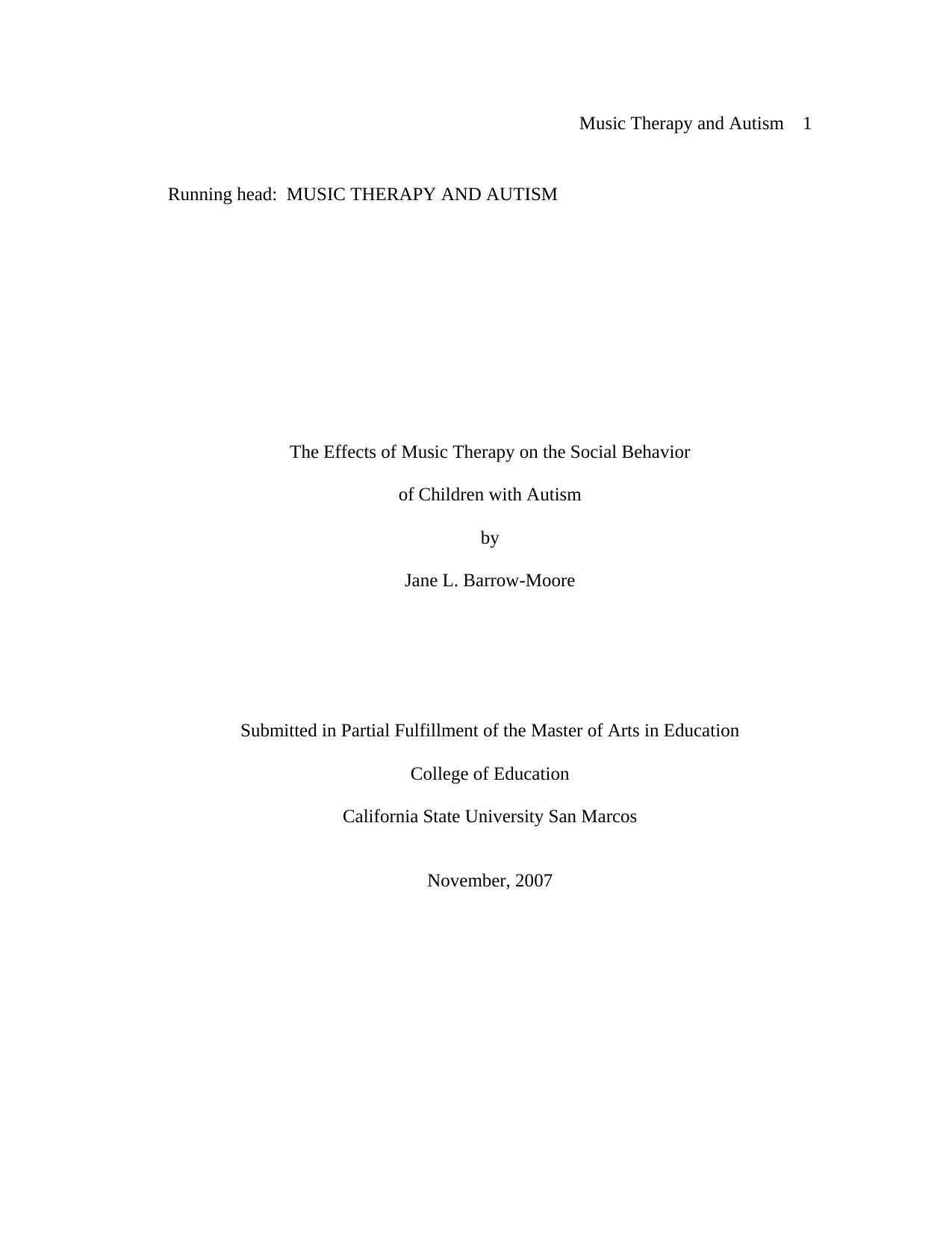 The effects of music therapy on the social behavior of children with autism by Barrow-Moore J.L