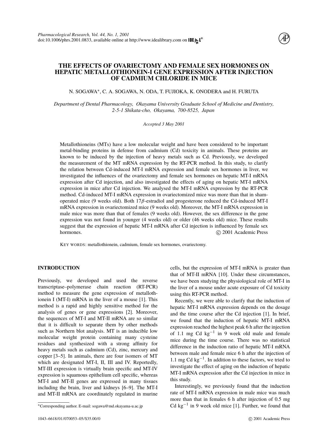The effects of ovariectomy and female sex hormones on hepatic metallothionein-i gene expression after injection of cadmium chloride in mice by N. Sogawa et al