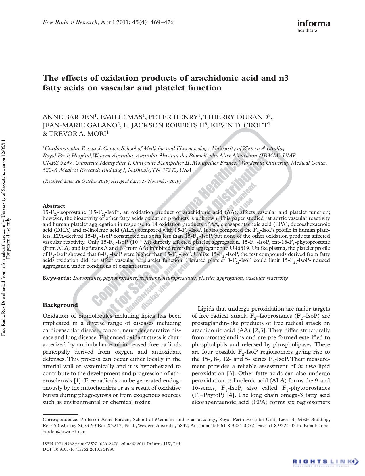 The effects of oxidation products of arachidonic acid and n3 fatty acids on vascular and platelet function by unknow