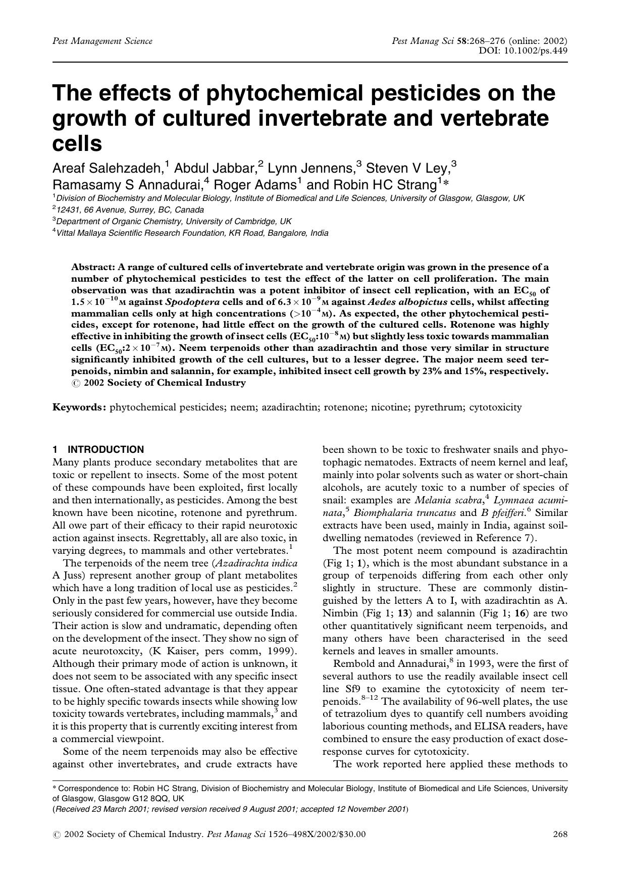 The effects of phytochemical pesticides on the growth of cultured invertebrate and vertebrate cells by Unknown