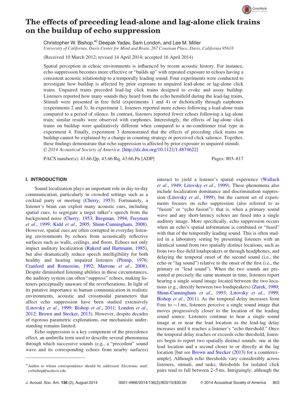 The effects of preceding lead-alone and lag-alone click trains on the buildup of echo suppression by Christopher W. Bishop & Deepak Yadav & Sam London & Lee M. Miller