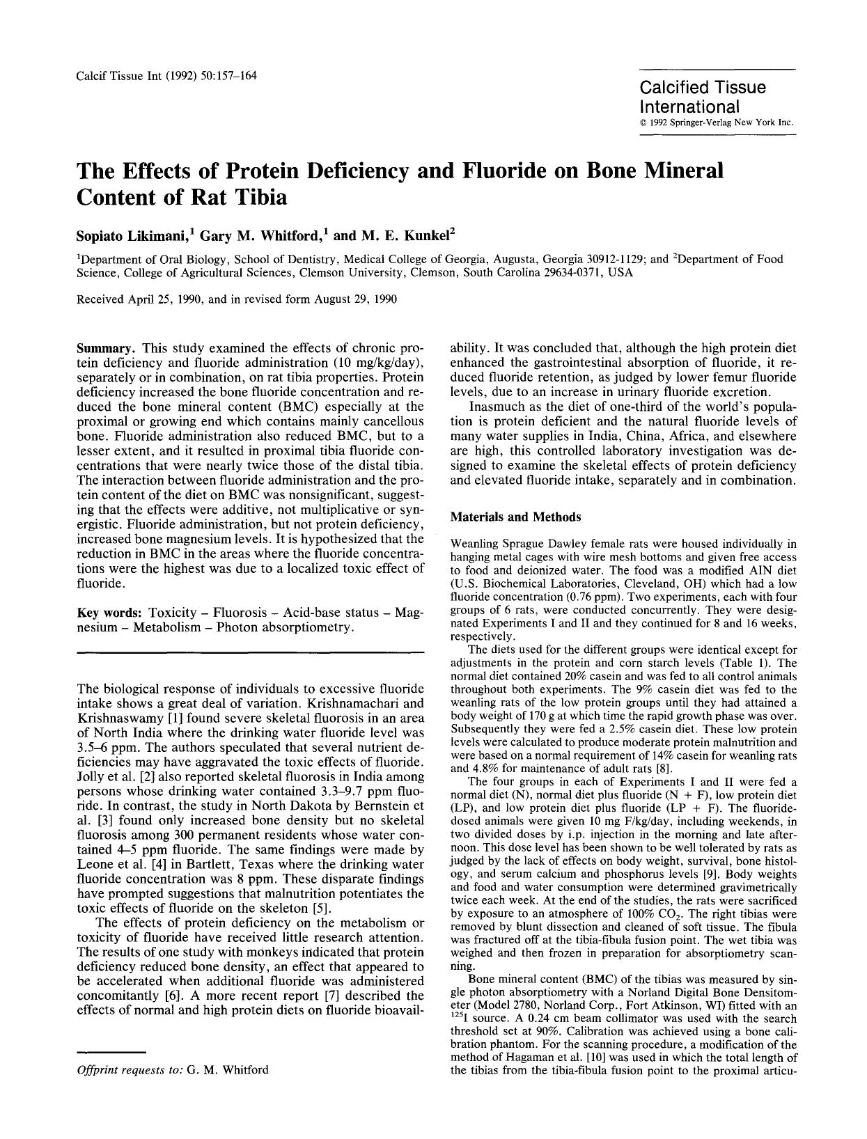 The effects of protein deficiency and fluoride on bone mineral content of rat tibia by Unknown