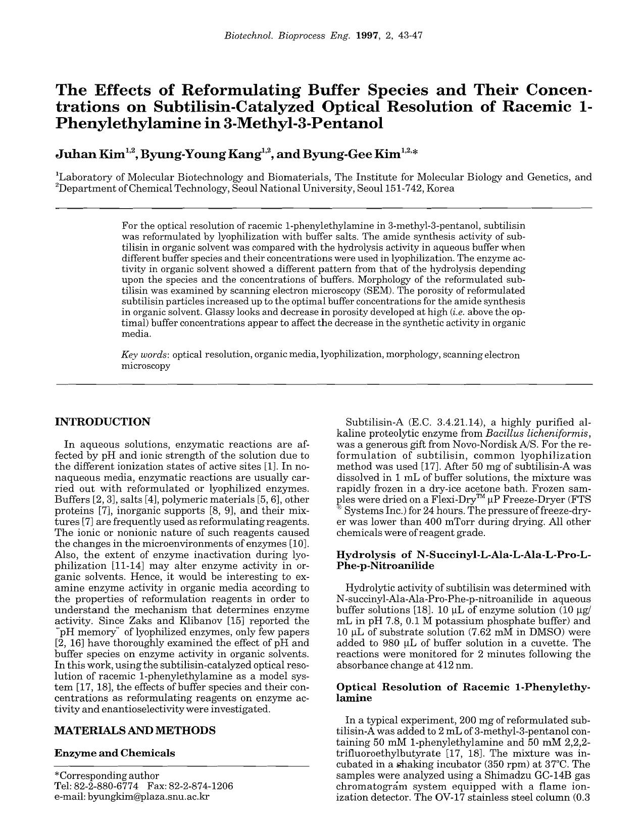 The effects of reformulating buffer species and their concentrations on subtilisin-catalyzed optical resolution of racemic 1-phenylethylamine in 3-methyl-3-pentanol by Unknown