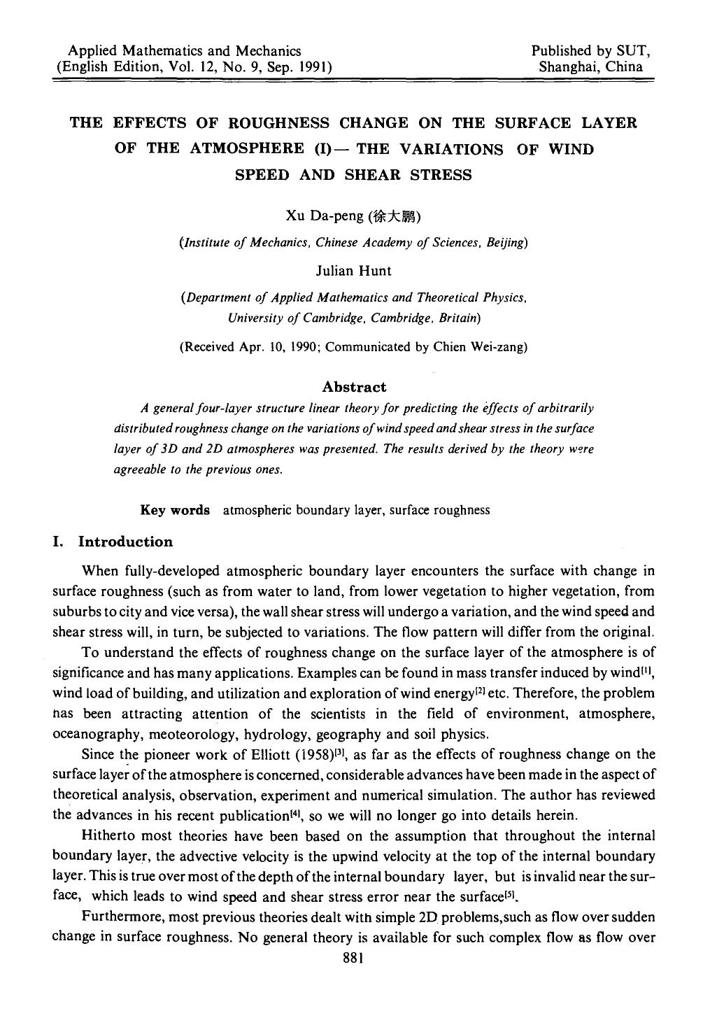 The effects of roughness change on the surface layer of the atmosphere (I) &#x2014; The variations of wind speed and shear stress by Unknown