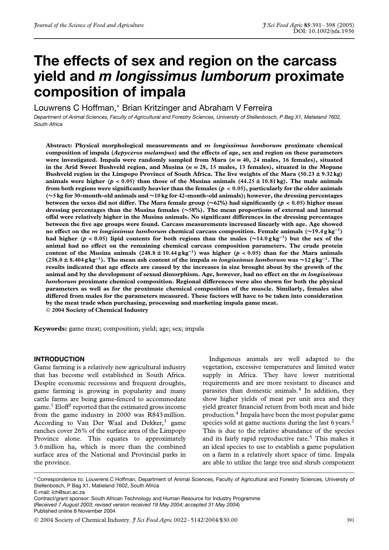 The effects of sex and region on the carcass yield and m longissimus lumborum proximate composition of impala by Unknown