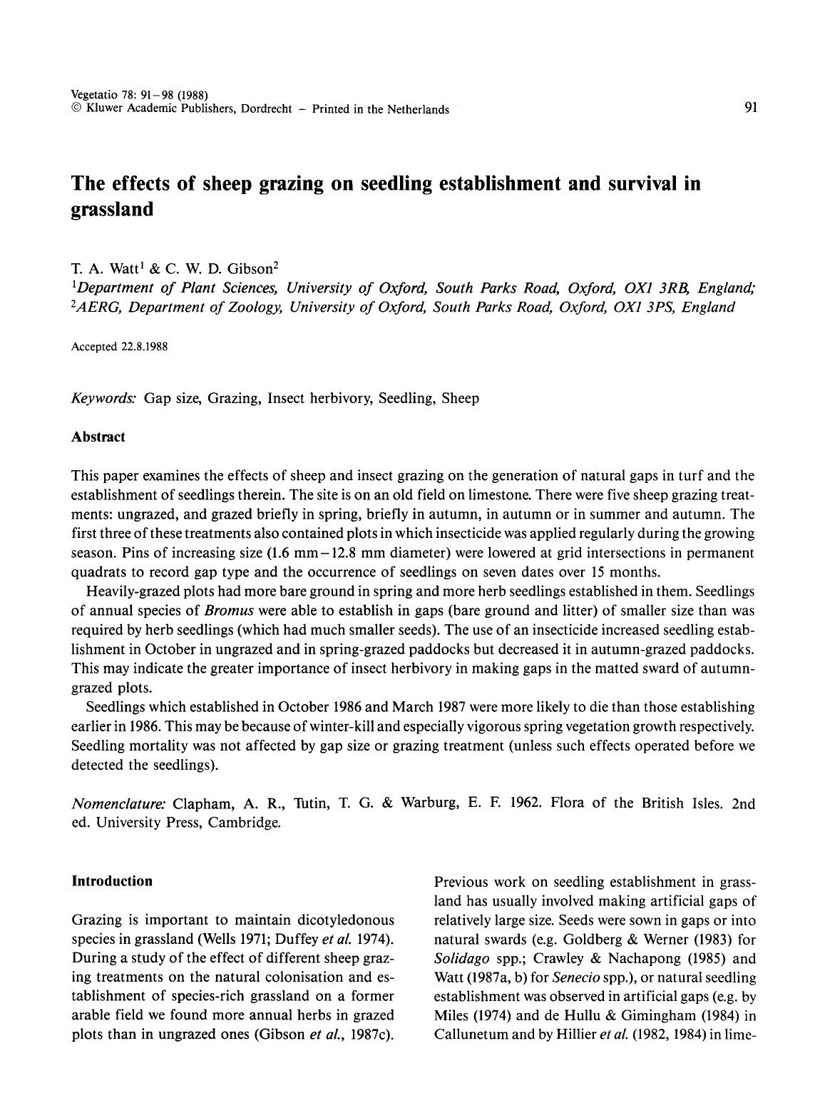 The effects of sheep grazing on seedling establishment and survival in grassland by Unknown