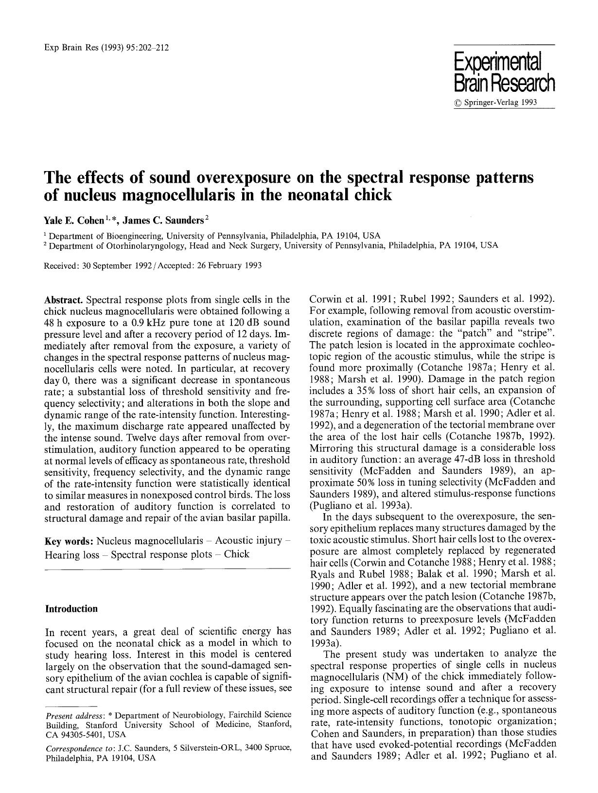The effects of sound overexposure on the spectral response patterns of nucleus magnocellularis in the neonatal chick by Unknown