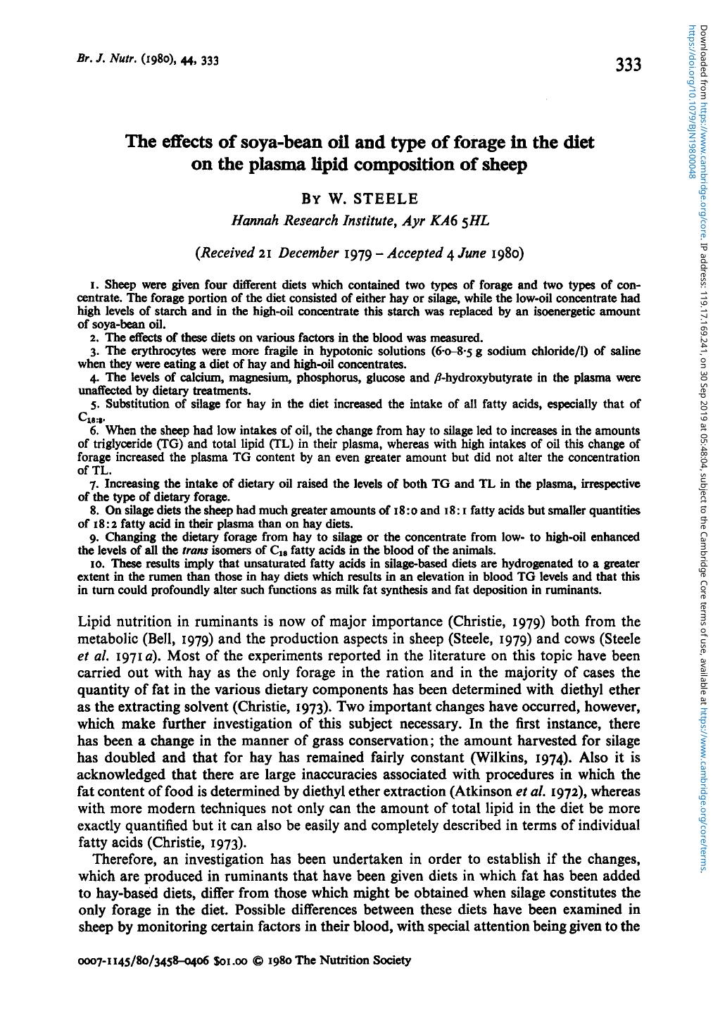 The effects of soya-bean oil and type of forage in the diet on the plasma lipid composition of sheep by W. Steele