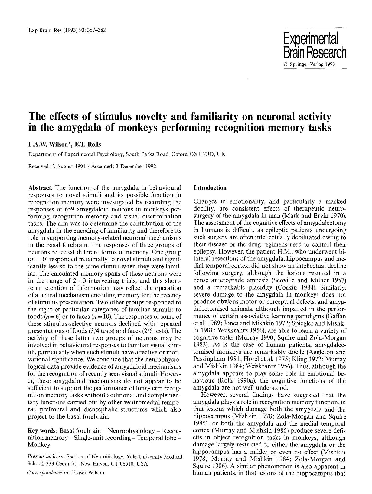 The effects of stimulus novelty and familiarity on neuronal activity in the amygdala of monkeys performing recognition memory tasks by Unknown