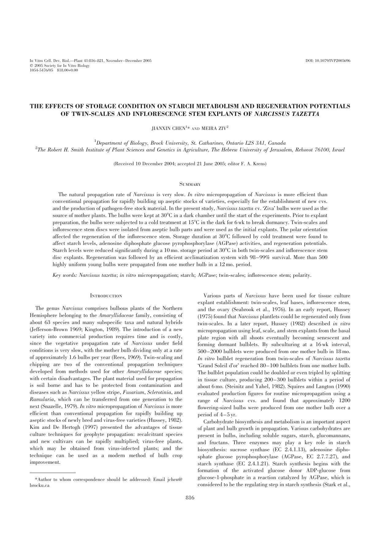The effects of storage condition on starch metabolism and regeneration potentials of twin-scales and inflorescence stem explants of <Emphasis Type="Italic">Narcissus tazetta <Emphasis> by Unknown