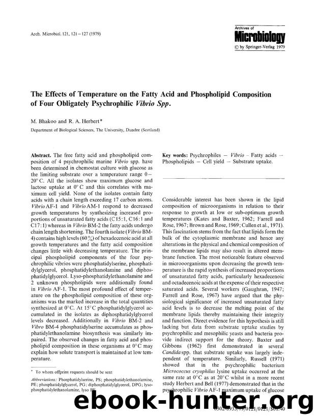 The effects of temperature on the fatty acid and phospholipid composition of four obligately psychrophilic <Emphasis Type="Italic">Vibrio Spp. <Emphasis> by Unknown