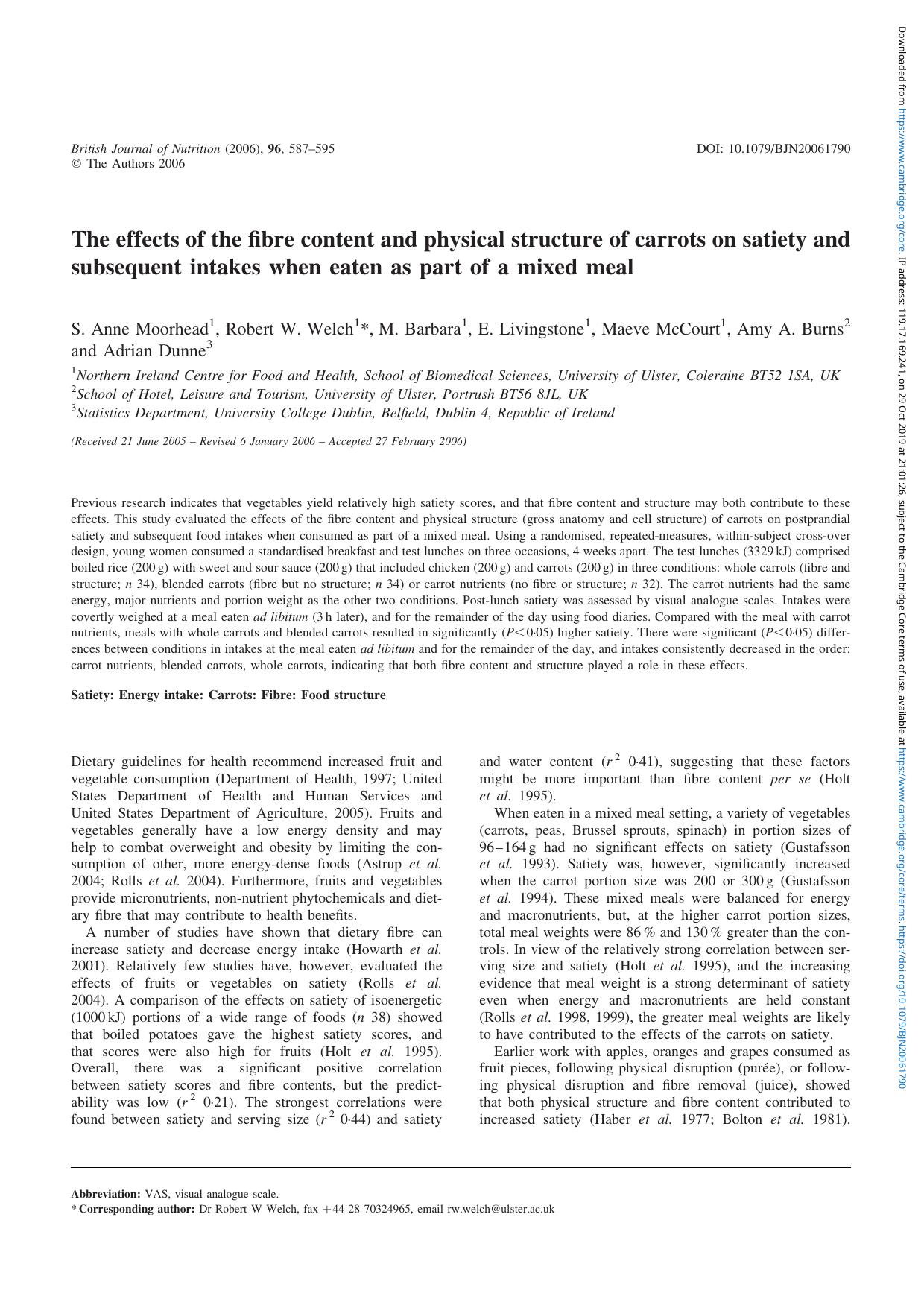 The effects of the fibre content and physical structure of carrots on satiety and subsequent intakes when eaten as part of a mixed meal by unknow
