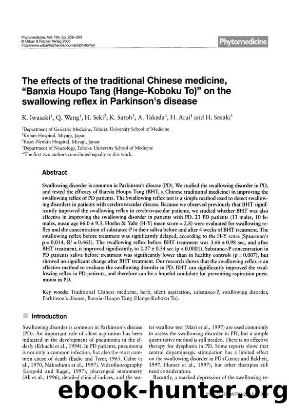 The effects of the traditional Chinese medicine, âBanxia Houpo Tang (Hange-Koboku To)â on the swallowing reflex in Parkinson's disease by K. Iwasaki & Q. Wang & H. Seki & K. Satoh & A. Takeda & H. Arai & H. Sasaki