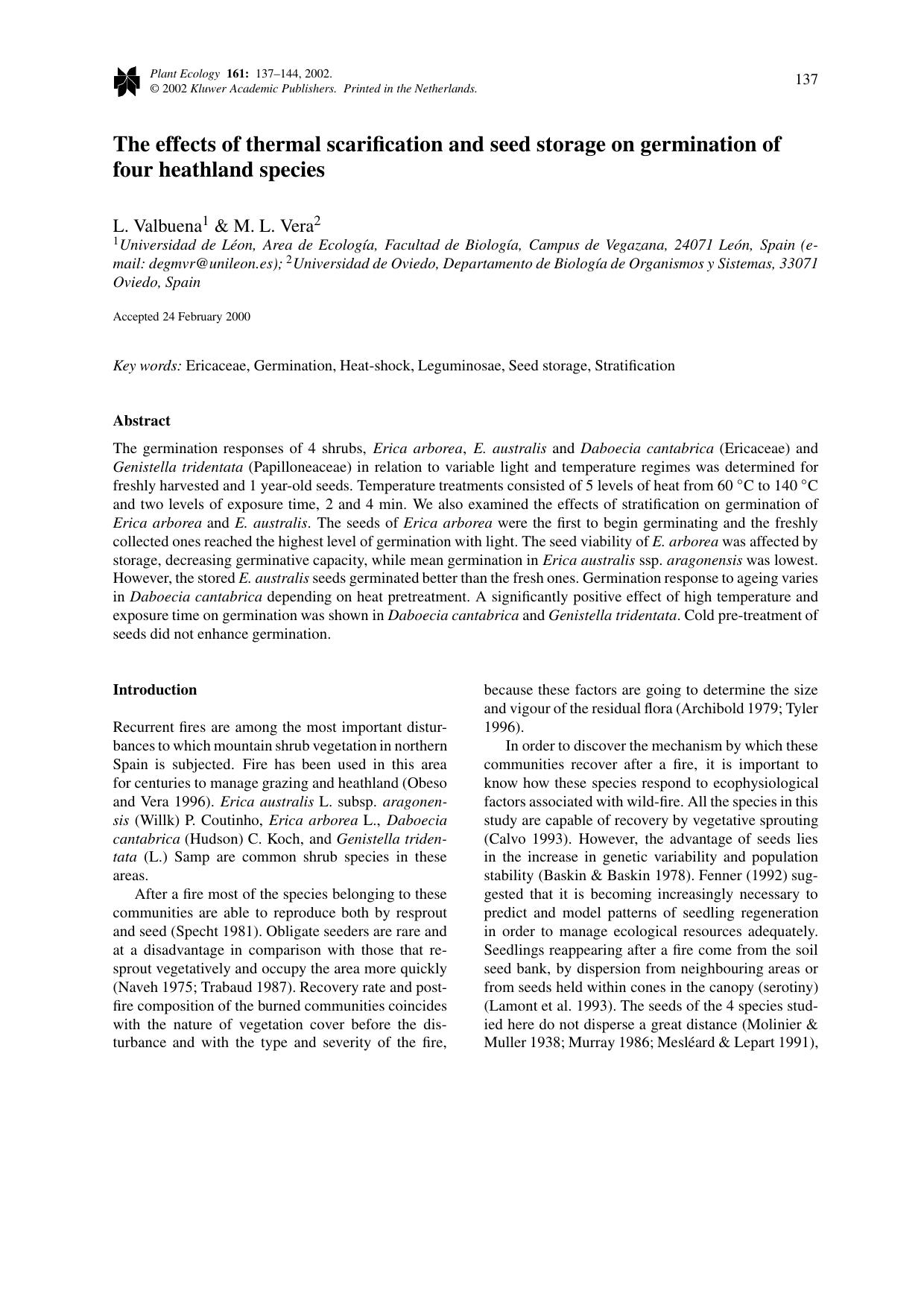 The effects of thermal scarification and seed storage on germination of four heathland species by Unknown