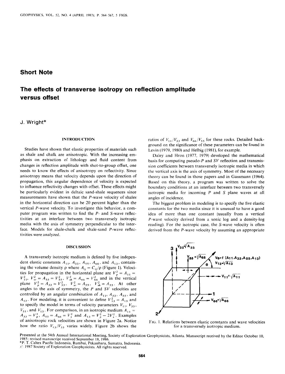 The effects of transverse isotropy on reflection amplitude versus offset: SHORT NOTE by Wright J