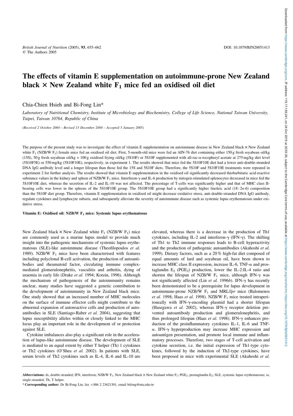 The effects of vitamin E supplementation on autoimmune-prone New Zealand black Ã New Zealand white F1 mice fed an oxidised oil diet by Chia-Chien Hsieh Bi-Fong Lin