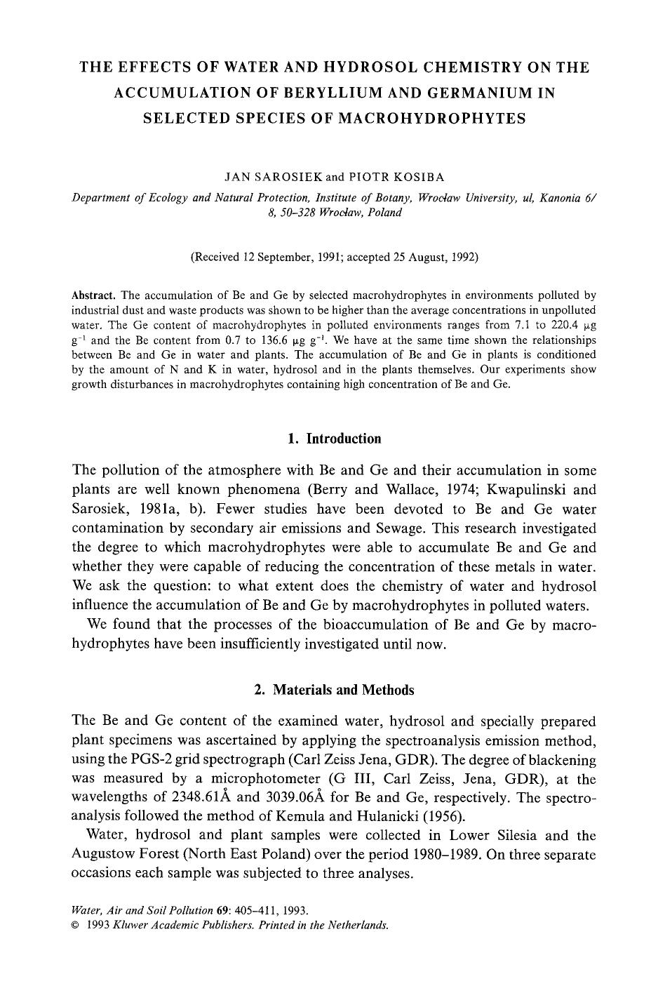 The effects of water and hydrosol chemistry on the accumulation of beryllium and germanium in selected species of macrohydrophytes by Unknown