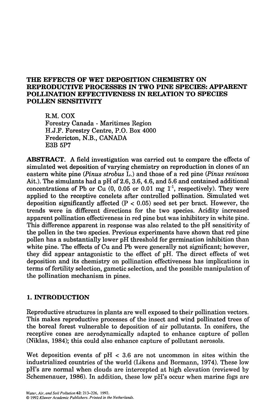 The effects of wet deposition chemistry on reproductive processes in two pine species: Apparent pollination effectiveness in relation to species pollen sensitivity by Unknown