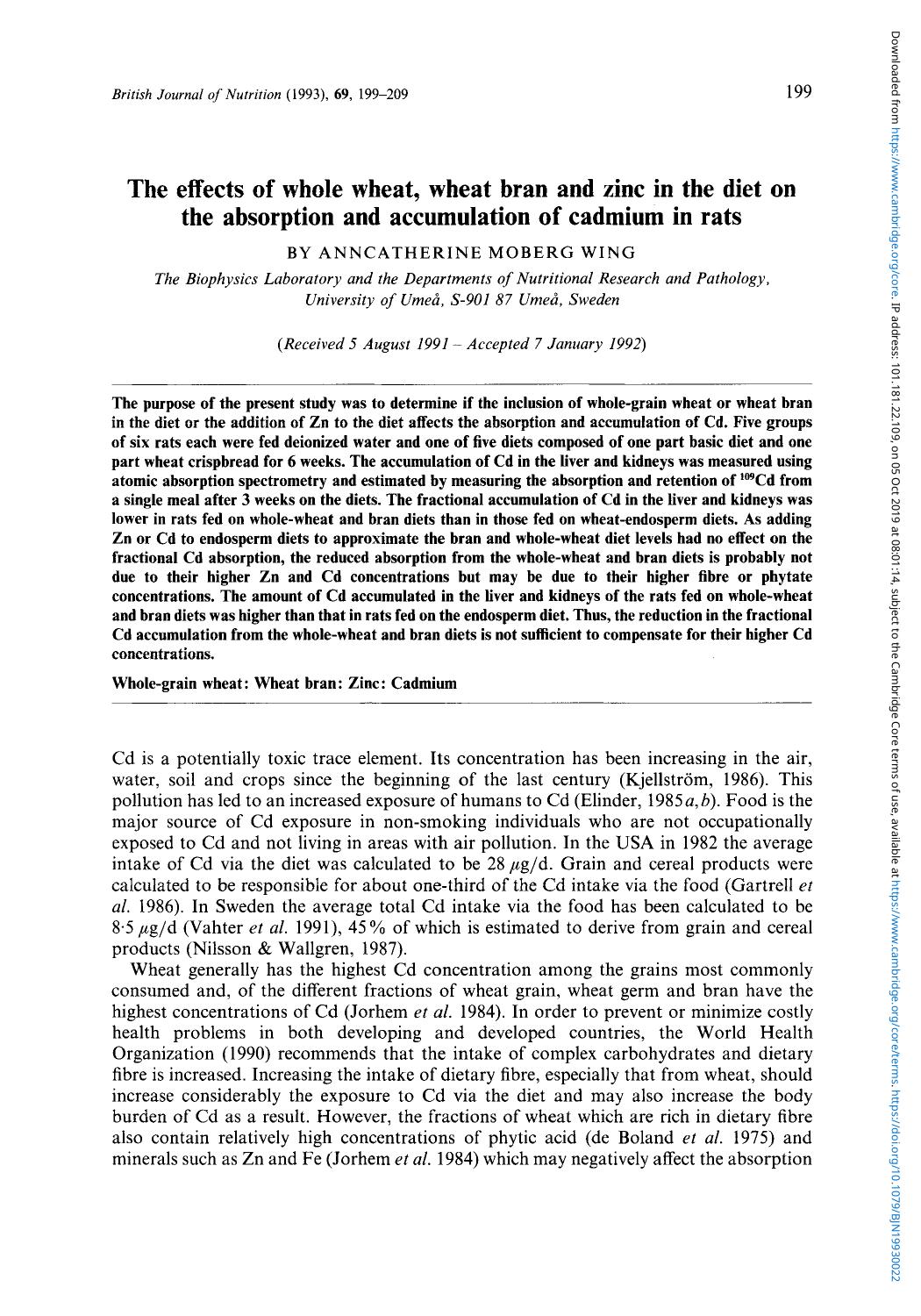 The effects of whole wheat, wheat bran and zinc in the diet on the absorption and accumulation of cadmium in rats by Anncatherine Moberg Wing