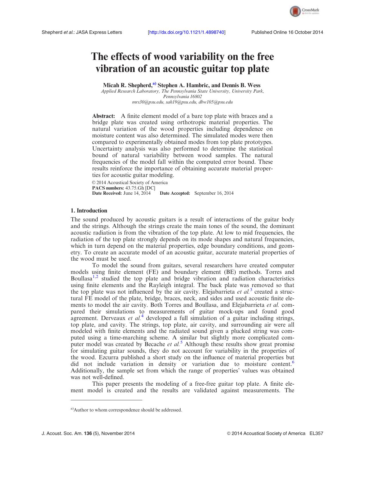 The effects of wood variability on the free vibration of an acoustic guitar top plate by Micah R. Shepherd & Stephen A. Hambric & Dennis B. Wess