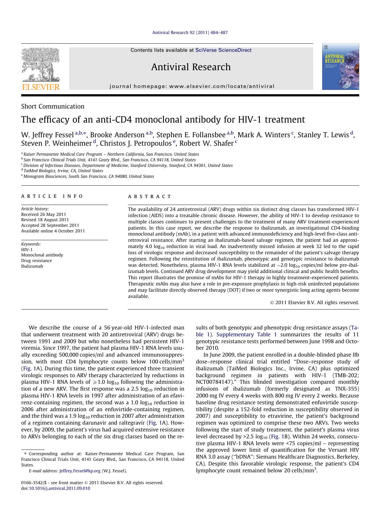 The efficacy of an anti-CD4 monoclonal antibody for HIV-1 treatment by unknow