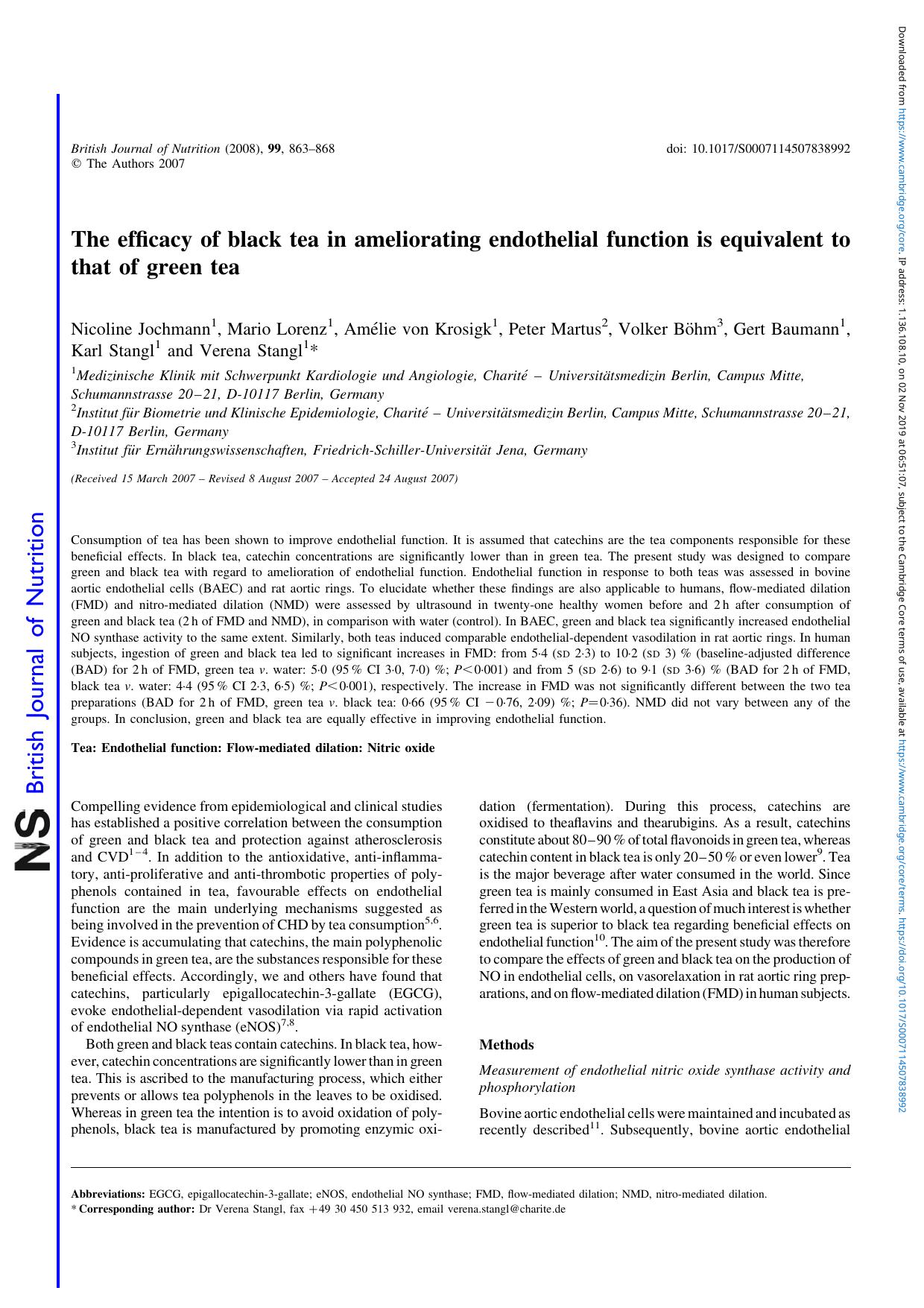 The efficacy of black tea in ameliorating endothelial function is equivalent to that of green tea by unknow