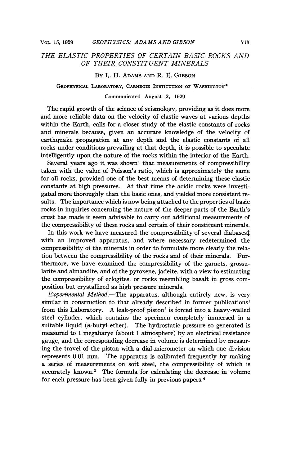 The elastic properties of certain basic rocks and of their constituent minerals by Adams L.H. Gibson R.E