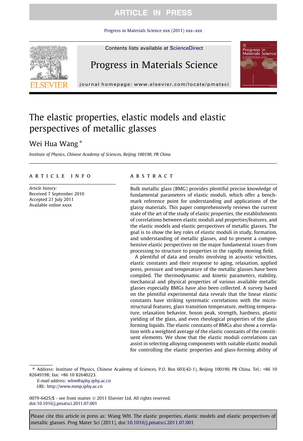 The elastic properties, elastic models and elastic perspectives of metallic glasses by Wei Hua Wang