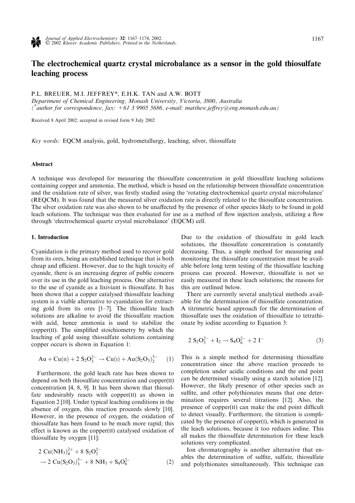 The electrochemical quartz crystal microbalance as a sensor in the gold thiosulfate leaching process by Unknown