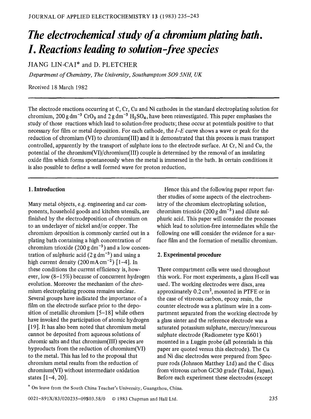 The electrochemical study of a chromium plating bath. I. Reactions leading to solution-free species by Unknown
