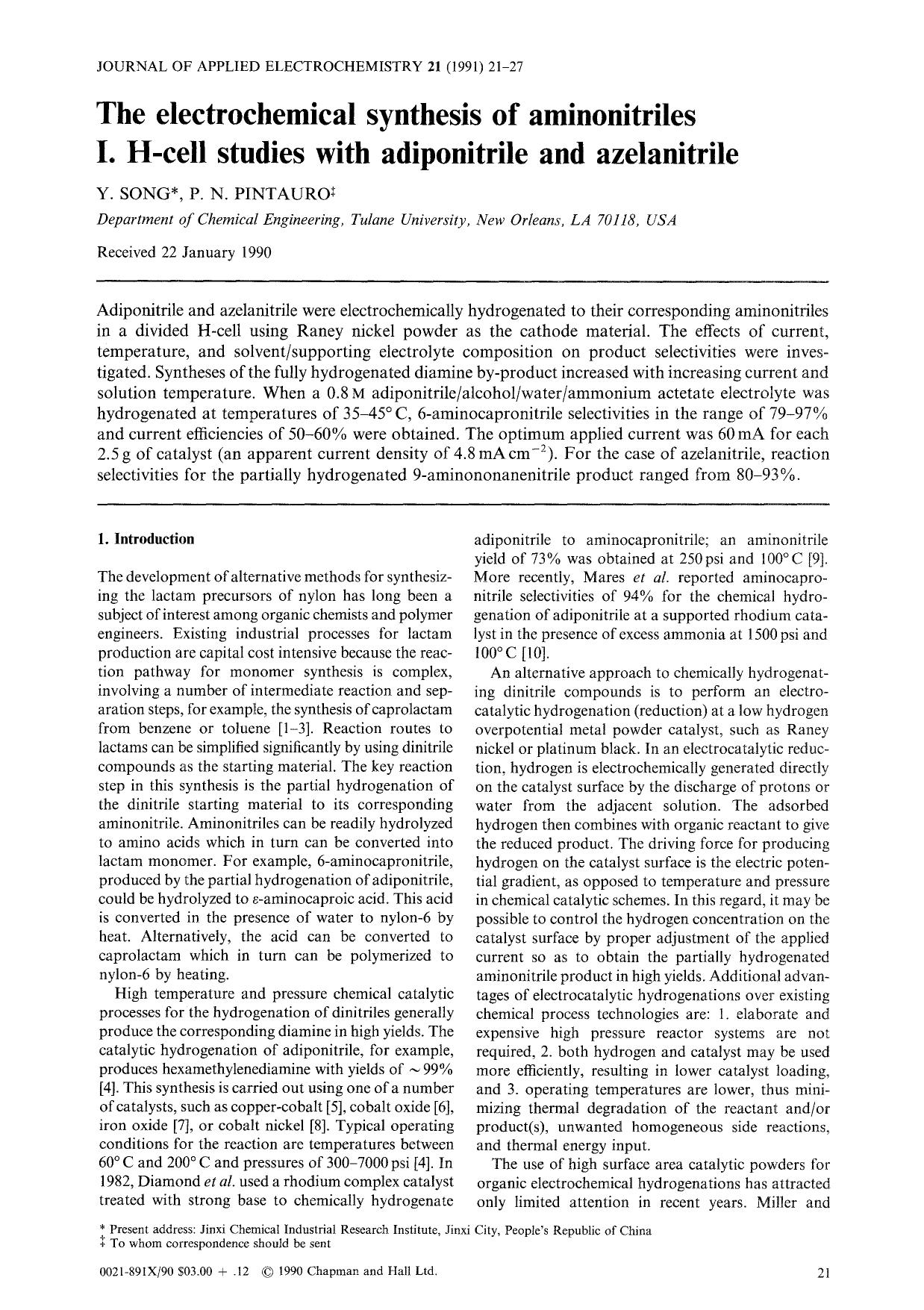 The electrochemical synthesis of aminonitriles I. H-cell studies with adiponitrile and azelanitrile by Unknown