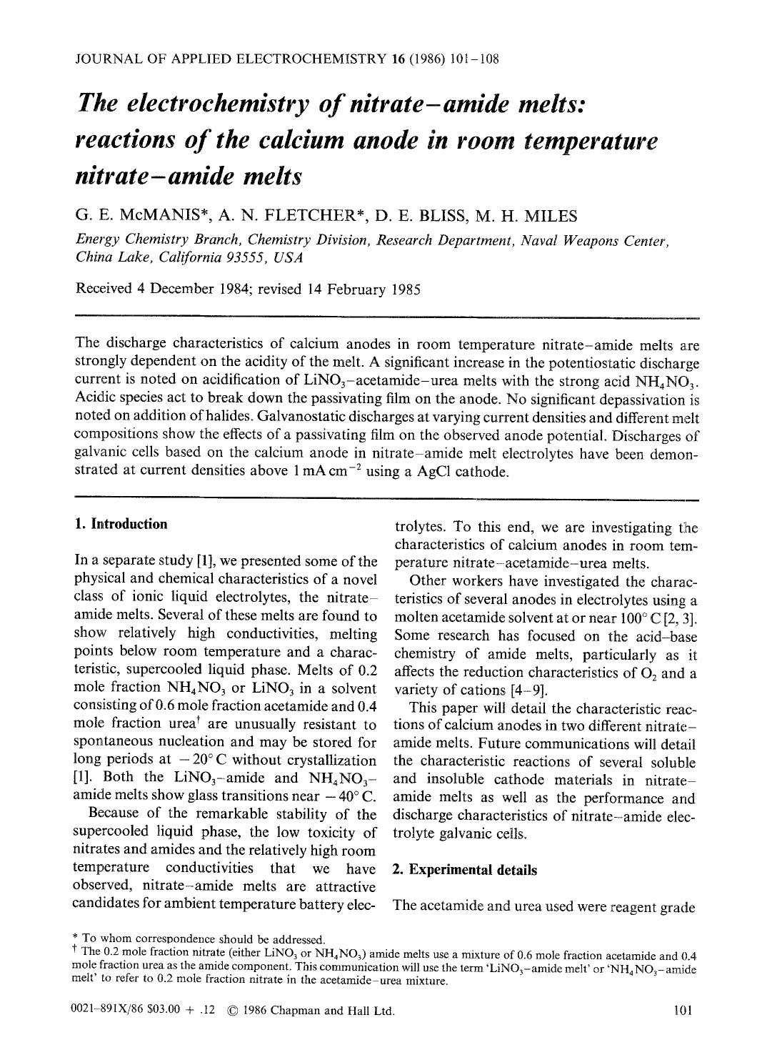 The electrochemistry of nitrate-amide melts: Reactions of the calcium anode in room temperature nitrate-amide melts by Unknown