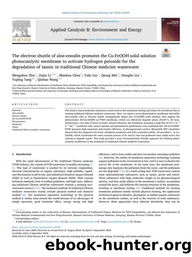 The electron shuttle of aloe-emodin promotes the Cu-FeOOH solid solution photocatalytic membrane to activate hydrogen peroxide for the degradation of tannic in traditional Chinese medicine wastewater by Mengzhen Zhu