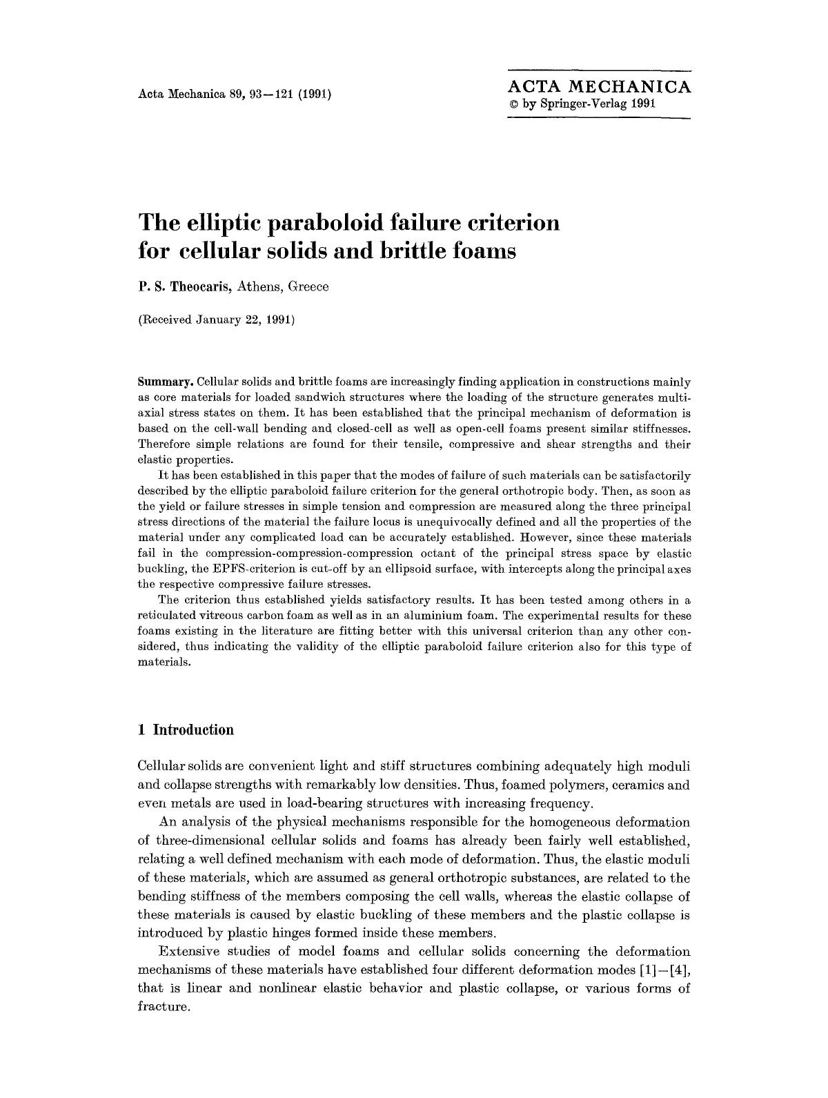 The elliptic paraboloid failure criterion for cellular solids and brittle foams by Unknown