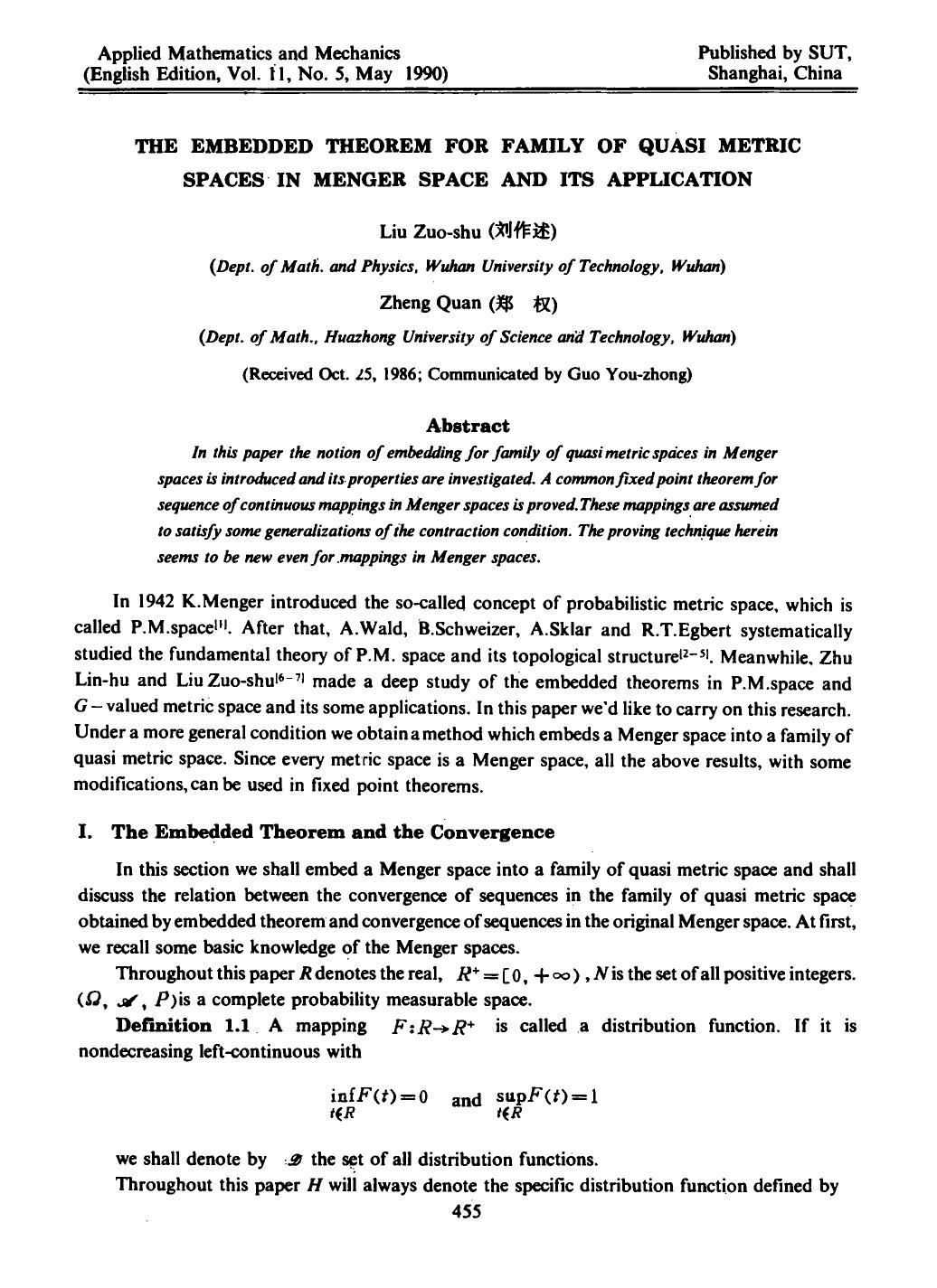 The embedded theorem for family of quasi metric spaces in Menger space and its application by Unknown