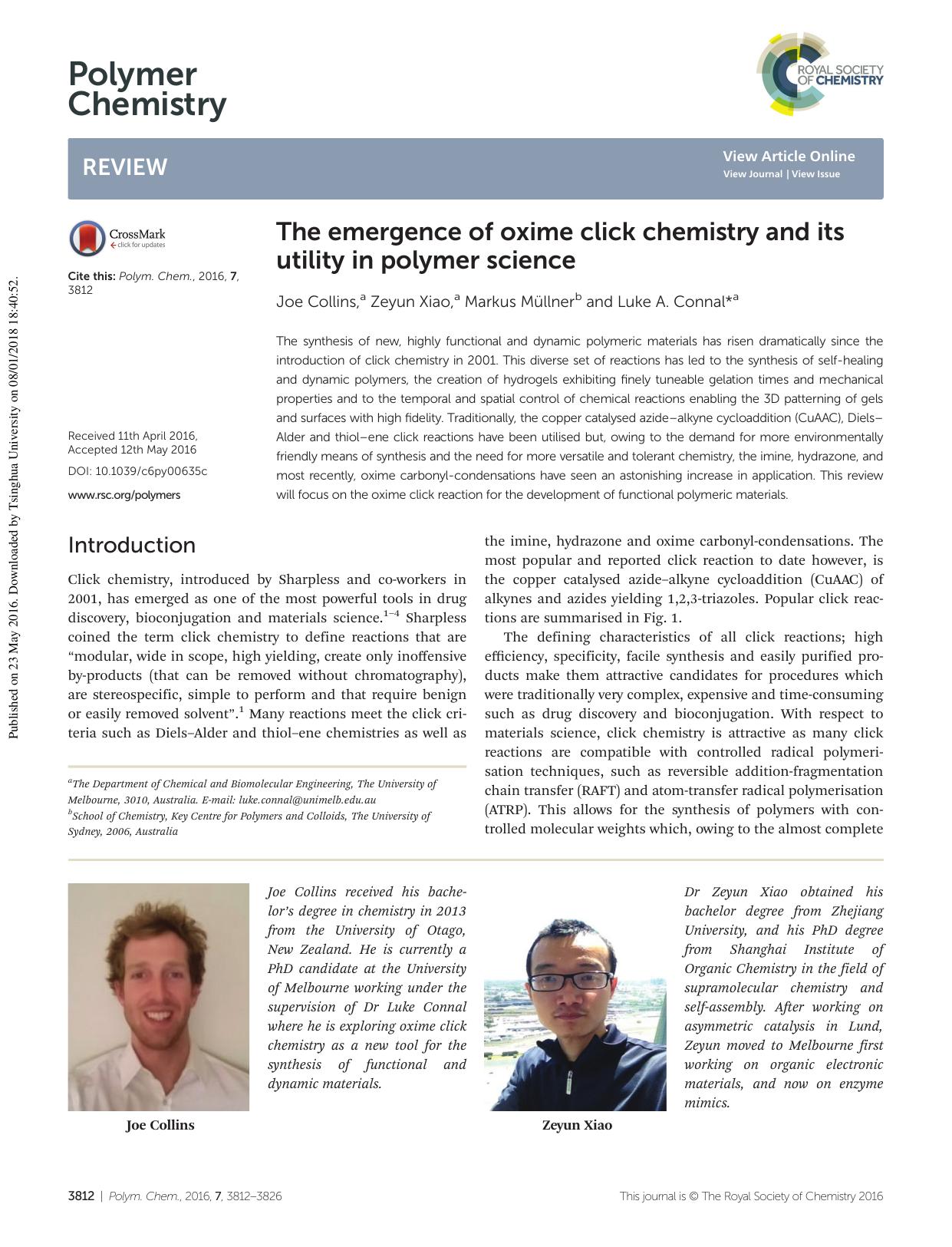 The emergence of oxime click chemistry and its utility in polymer science by Joe Collins Zeyun Xiao Markus Müllner Luke A. Connal