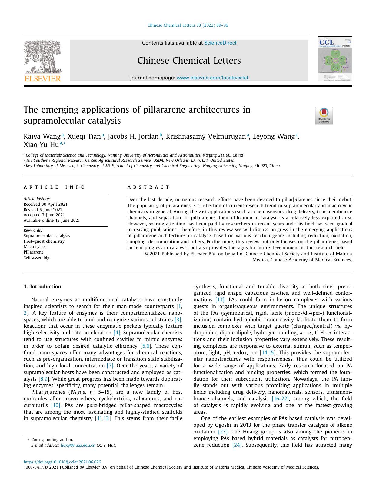 The emerging applications of pillararene architectures in supramolecular catalysis by Kaiya Wang & Xueqi Tian & Jacobs H. Jordan & Krishnasamy Velmurugan & Leyong Wang & Xiao-Yu Hu