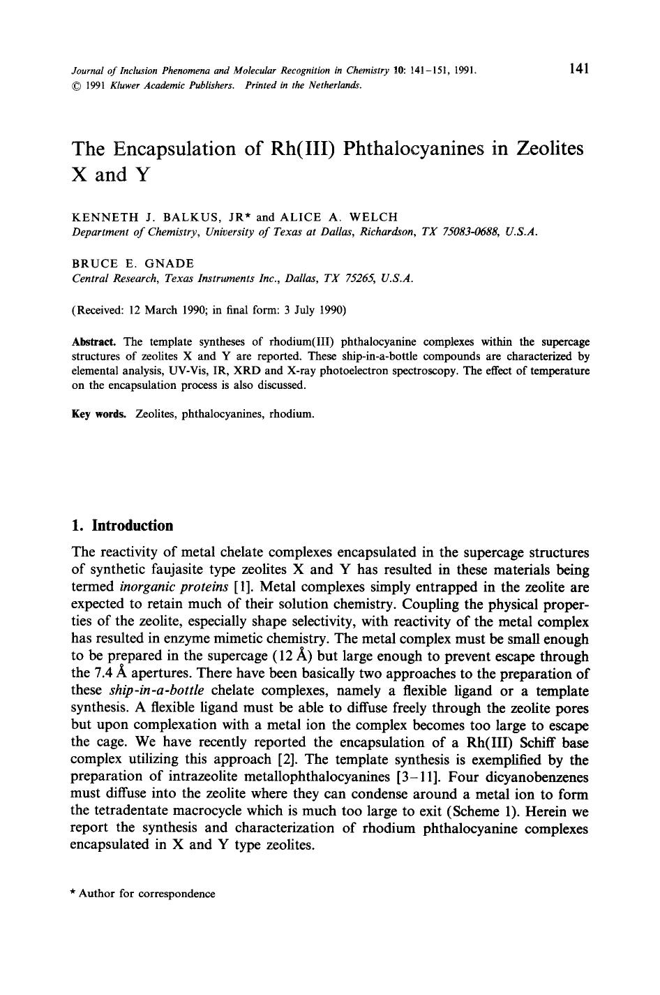 The encapsulation of Rh(III) phthalocyanines in zeolites X and Y by Unknown
