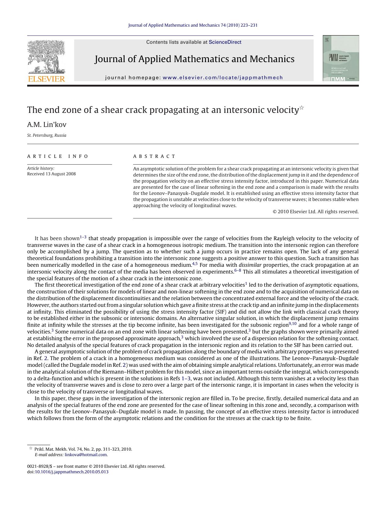 The end zone of a shear crack propagating at an intersonic velocity by A.M. Linâ€™kov