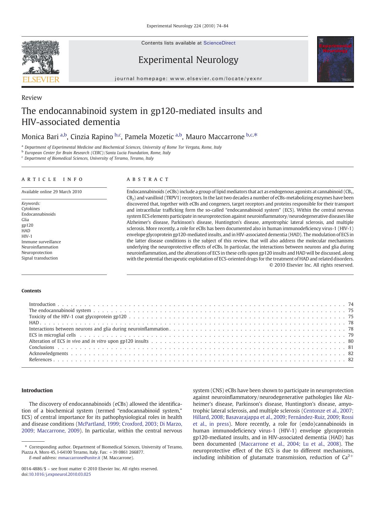 The endocannabinoid system in gp120-mediated insults and HIV-associated dementia by Monica Bari; Cinzia Rapino; Pamela Mozetic; Mauro Maccarrone
