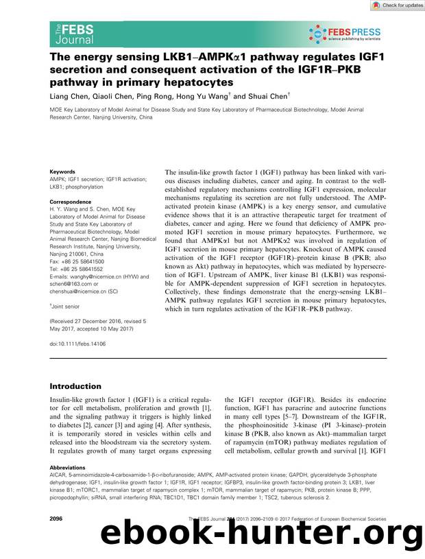The energy sensing LKB1âAMPKÎ±1 pathway regulates IGF1 secretion and consequent activation of the IGF1RâPKB pathway in primary hepatocytes by Unknown