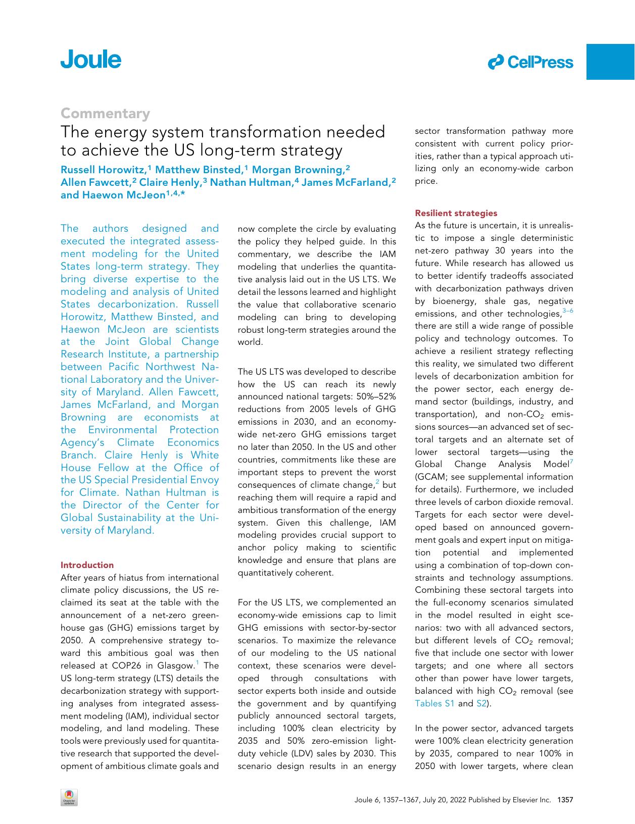 The energy system transformation needed to achieve the US long-term strategy by unknow